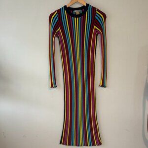 ASOS Rainbow and Black Vertical Striped Long Sleeve Crew Neck Midi Knit Dress 6